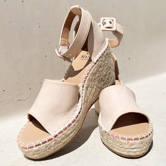 NEW Sand Nude Faux Leather Ankle Buckle Strap Espadrille Platform Wedge Sandals - Picture 2 of 13